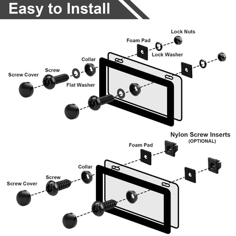Black Anti Theft License Plate Screw Kit With M6 Tamper Proof Screws One Quarter Inch Stainless Steel 304 Includes Caps And Fastener Nuts For Front And Rear Plate Frames Weatherproof Rust Resistant Car Tag Mount Hardware installation diagram