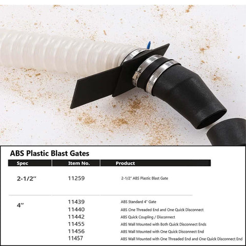 Big Horn 4-inch blast gate with black housing attached to white flexible duct and hose clamps
