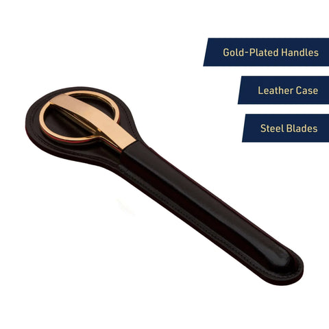 Three Piece Letter Opener Envelope Slitter And Desk Scissors Set with Leather Case and Gold Plated Handles, Italian Made in black case
