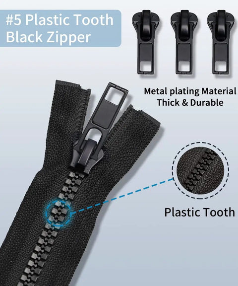 Zipper Repair Kit 52 Pieces Universal Five Zipper Replacement Slider Kit showcasing #5 plastic tooth black zipper slider.