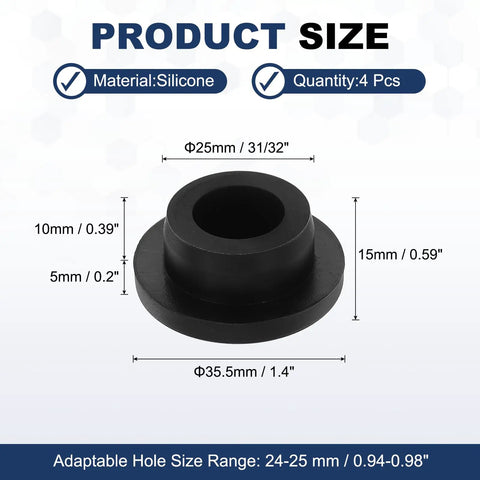 4 Piece T Shaped Silicone Plugs Set Fits 25.3mm Diameter 24 To 25mm Holes No Fuss Snap In Rubber Seals Black