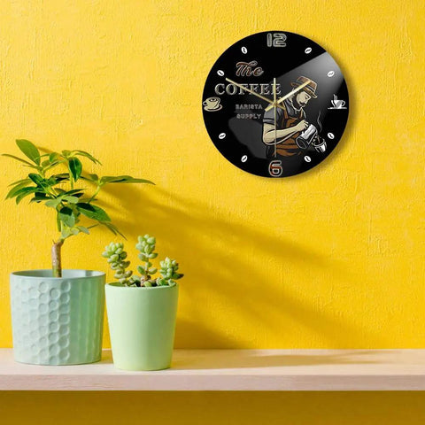 Barista Coffee Wall Clock 12 Inch Acrylic Print Battery Operated Silent Quartz Timepiece For Cafe Shop Decor Gift