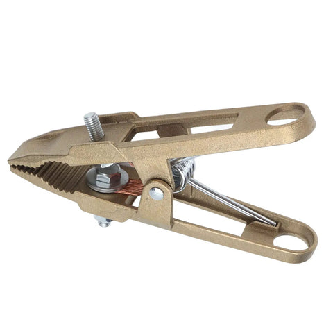 Powerhouse 600A Ground Clamp With Heavy Duty Brass Jaw And Secure Grip For Welding Shipyard Auto Parts High Amperage Earth Clamp, showing brass jaw design.