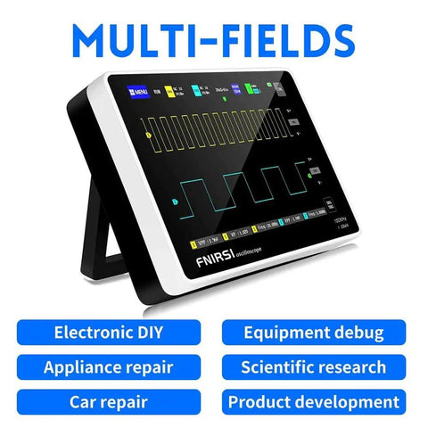 Portable Handheld Oscilloscope With 2 Channels, 100 MHz Bandwidth, 1 GSa/s Sampling, 7 Inch Touchscreen displaying waveforms