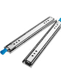 Twenty Pair Heavy Duty Cold Rolled Steel Drawer Slides Full Extension Side Mount With Lock Smooth Gliding Built Tough For DIY Cabinetry And Furniture 14 Inch close-up view of steel slides with blue handle