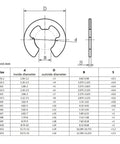 External Circlip Retaining Ring Kit Set M1.2 To M15 For Shafts E Type Circlips Stainless Steel SS304 1000 Pcs Heavy Duty Built To Last Shaft Bearing Retention Solution size chart with dimensions