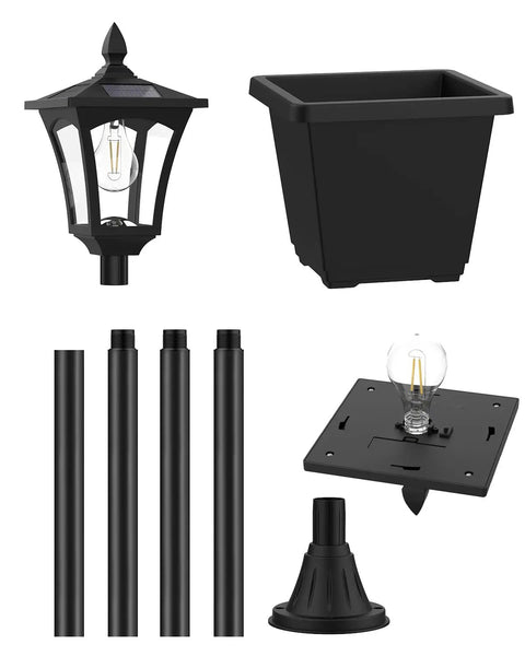 Components of 64 Inch Solar Lamp Post Light With Planter, Waterproof Outdoor Post Lights For Backyard, Lawn, Patio, Pathway And Front Porch