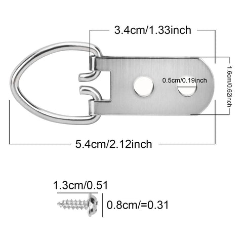 Heavy Duty D Ring Picture Hangers With 400 Screws 200 Pack Double Hole D Hooks dimensions and nickel-plated iron material