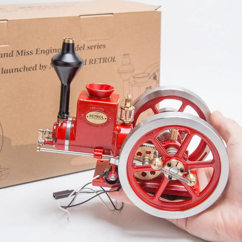 Hit And Miss Engine Model Kit With 4 Stroke Engine High Low Speed Gear Lever Adjustable Speed Switch Realistic Metal Build Educational Mechanical Engine For Adults Hands On STEM Project red metal engine model with flywheel, box, and hand