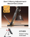 Side view of adjustable iPad stand showing metal base, weight test, and anti-slip feature. Adjustable Ipad Stand And Tablet Holder For Desk And Home Office Folds Flat For Travel Lightweight 15.2 Oz ABS Plastic With Metal Base And Anti Slip Compatible With Ipad Mini Kindle Switch.