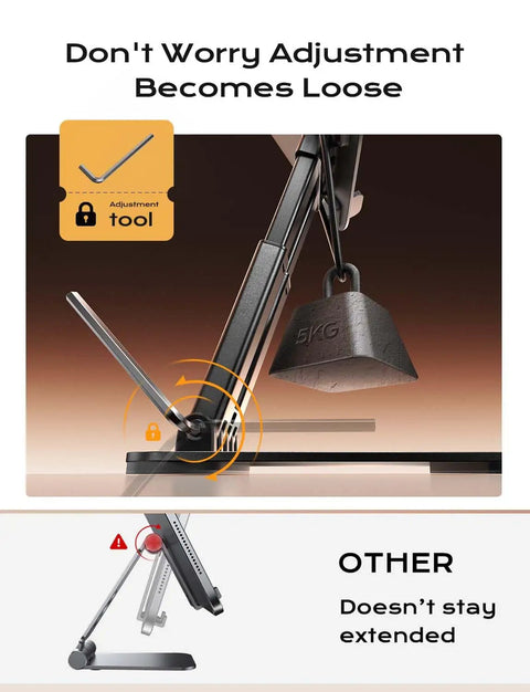Side view of adjustable iPad stand showing metal base, weight test, and anti-slip feature. Adjustable Ipad Stand And Tablet Holder For Desk And Home Office Folds Flat For Travel Lightweight 15.2 Oz ABS Plastic With Metal Base And Anti Slip Compatible With Ipad Mini Kindle Switch.