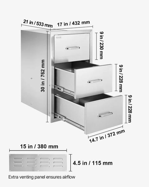 Outdoor Kitchen Drawers With Paper Towel Holder Stainless Steel Double Access Drawers For BBQ Island Or Grill Station 17W X 30H X 21D Weatherproof Outdoor Cabinets Easy Assembly shown with dimensions