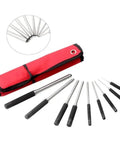 Rock Solid 9 Piece Steel Multi Size Round Head Pin Punch Set With Grip Handles For Quick Pin Removal And Heavy Duty Rolling Tasks At The Shop Or Home Garage Today, red pouch and steel punches
