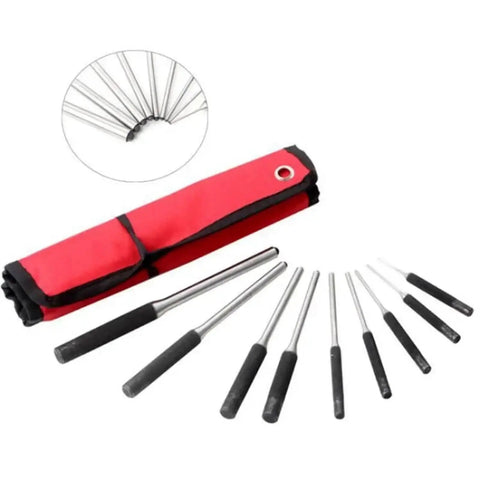 Rock Solid 9 Piece Steel Multi Size Round Head Pin Punch Set With Grip Handles For Quick Pin Removal And Heavy Duty Rolling Tasks At The Shop Or Home Garage Today, red pouch and steel punches