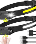 Rechargeable Waterproof Headlamp Set With 230 Degree Wide Beam, Dual LED Flashlight, Motion Sensor On Off, 2 Pack, Black