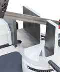 Close-up of Beefy Heavy Duty Metal Band Saw With 10 Inch By 7.9 Inch Cutting Capacity, showing blade and cutting area