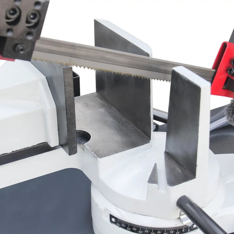 Close-up of Beefy Heavy Duty Metal Band Saw With 10 Inch By 7.9 Inch Cutting Capacity, showing blade and cutting area