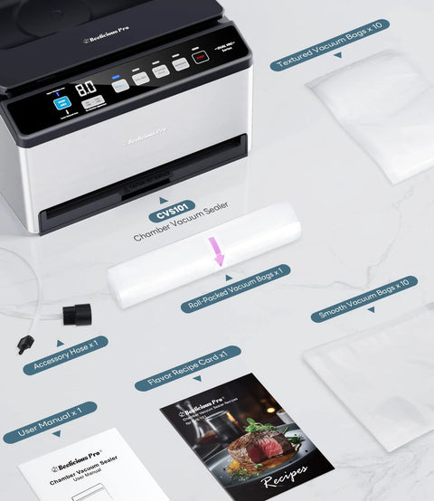 Front view of CVS101 chamber vacuum sealer in stainless steel with black trim; includes vacuum bags and hoses.