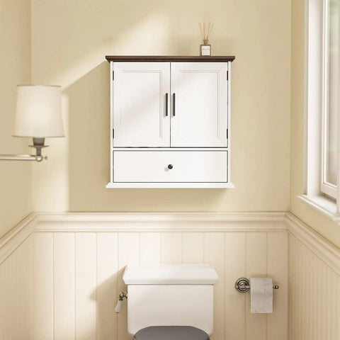 Over The Toilet Bathroom Wall Cabinet With Drawer And Adjustable Shelves Floating Medicine Cabinet Organizer For Small Bathrooms Dual Doors White And Brown Space Saver Storage Easy To Install mounted above toilet