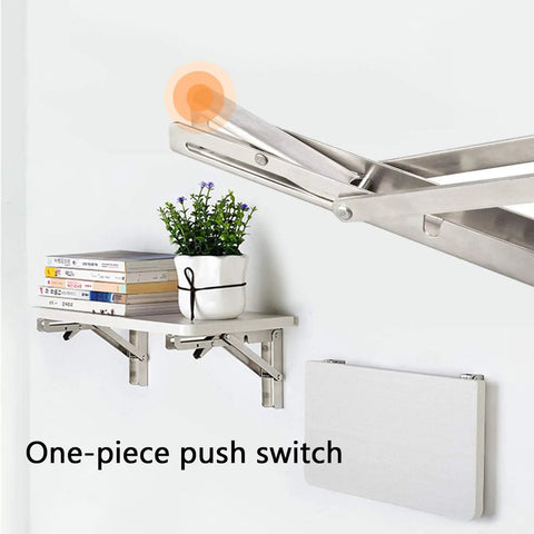 Heavy Hitting Foldable Wall Mount Shelf Brackets One Pair Stainless Steel L Shaped Corner Brace in use with plant and books.
