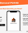 PU440 Polyurethane Concrete Sealant DCP app display on smartphone with product, color, and consumption selectors.