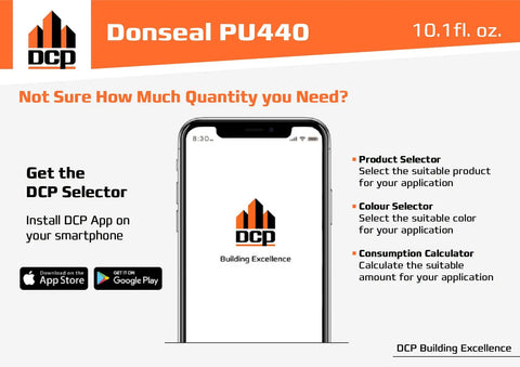 PU440 Polyurethane Concrete Sealant DCP app display on smartphone with product, color, and consumption selectors.