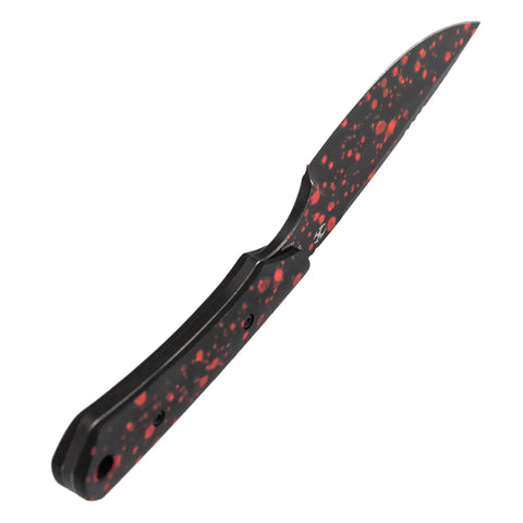 Fixed Blade EDC Knife With 3.69 Inch D2 Drop Point Blade, Beast Tough, Black G10 Handle, red accents, side angle view