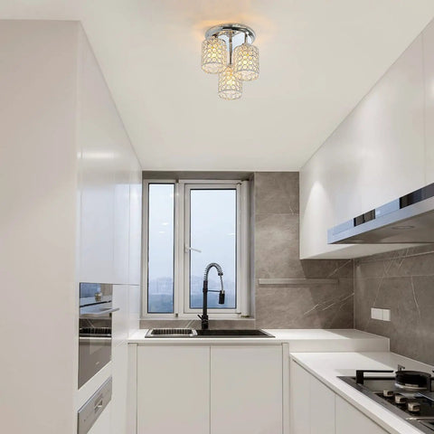Dope Crystal Semi Flush Mount Ceiling Light With Three Lights, Modern Chrome Finish Crystal Chandelier in white kitchen setting