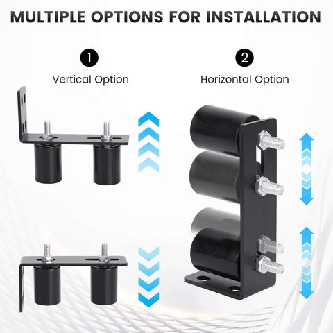 Universal Adjustable Heavy Duty Sliding Gate Kit With L Shape Brackets And Two And Three Quarter Inch Gate Rollers shown in vertical and horizontal options