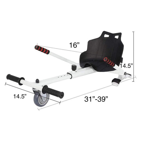 Hoverboard Seat Attachment Go Kart Conversion Kit for Self Balancing Scooters, adjustable length with black seat and handles.
