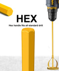 Must-Have Paint And Mud Mixer For Drill 1 To 5 Gallon Buckets Fits All Standard Drill Bits Hex Head Anti-Slip Easy Clean Painting And Plastering Mixer Stirrer Tool Yellow hex handle attached to drill