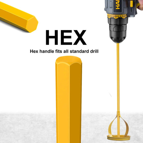 Must-Have Paint And Mud Mixer For Drill 1 To 5 Gallon Buckets Fits All Standard Drill Bits Hex Head Anti-Slip Easy Clean Painting And Plastering Mixer Stirrer Tool Yellow hex handle attached to drill