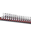 Socket Boss 2-Rail 3/8-Inch Drive Socket Organizer, 19-Inch red tray with sockets arranged, for mechanics and auto techs.