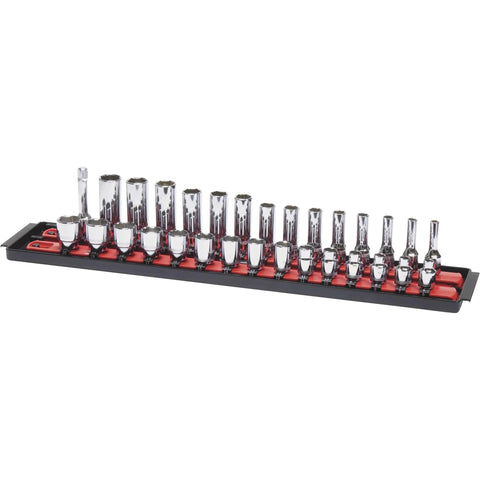 Socket Boss 2-Rail 3/8-Inch Drive Socket Organizer, 19-Inch red tray with sockets arranged, for mechanics and auto techs.