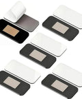 Five Ultra Thin Cabinet Door Catch 5 Pack With No More Loud Slams Silent Closure Self Adhesive Drawer Magnets shown in black and white.