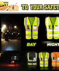 No Sweat High Visibility Reflective Safety Vest With Custom Logo And Deep Pockets Super Snag Free Mesh Neon Blue Crew Wrap Rock Solid 4XL Fit For Everyday Job Sites worn in daytime and nighttime settings, showing visibility features.