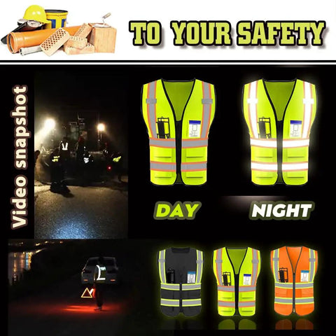 No Sweat High Visibility Reflective Safety Vest With Custom Logo And Deep Pockets Super Snag Free Mesh Neon Blue Crew Wrap Rock Solid 4XL Fit For Everyday Job Sites worn in daytime and nighttime settings, showing visibility features.