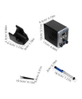 Digital Soldering Iron Station 700W Max with Hot Air Rework kit and accessories, showing dimensions for precise use.
