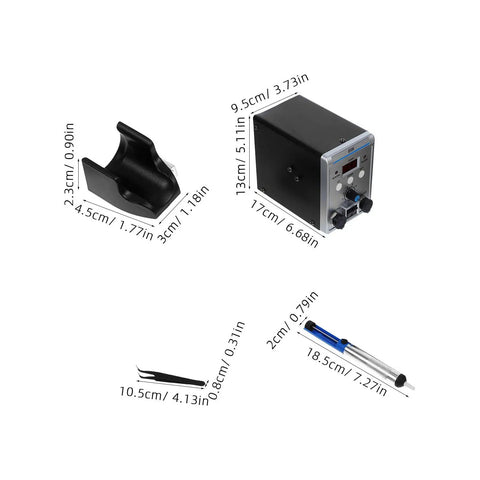 Digital Soldering Iron Station 700W Max with Hot Air Rework kit and accessories, showing dimensions for precise use.