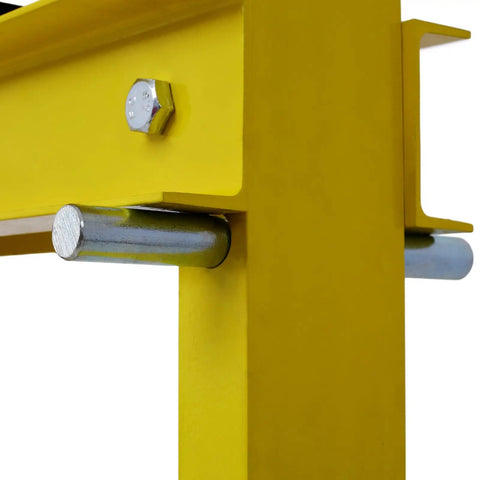 Close-up of Heavy Duty 20-Ton Hydraulic Shop Press with Adjustable Plate and H-Frame, 40000 Lbs Capacity, yellow steel frame detail.