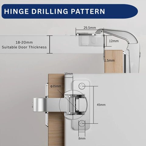 90 Degree Lazy Susan Pie Cut Cabinet Hinge 2 Pack for Corner Bifold Doors hinge drilling pattern shown with measurements and details.