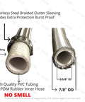 Close-up of 24 Inch Braided Stainless Steel Water Heater Connector with labeled inner layers, burst-proof PVC tubing, and vinyl braided tubing.