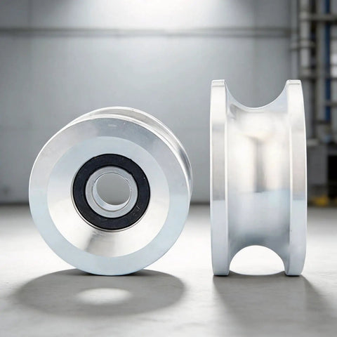 Heavy Duty U Channel Metal Pulley Wheel With Center Bearing 85 Mm Diameter For Lifting, Cable Guidance, And Line Routing, 20 Mm Center Bore Rigging Sheave, Easy Alignment And Safe Hoist Operation, silver metal wheel side view