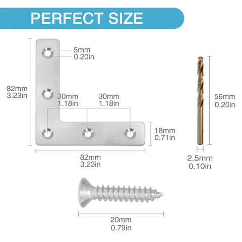 Diagram showing dimensions of 8 Pack L Shaped Corner Brackets Stainless Steel 3.23 X 3.23 Inch 90 Degree Right Angle Mending Plates With 40 Screws.