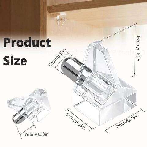 Clear Shelf Pegs 30 Pack 5mm Transparent Cabinet Support Holders Hella Secure Plastic Shelf Clips dimensions and sizes shown.