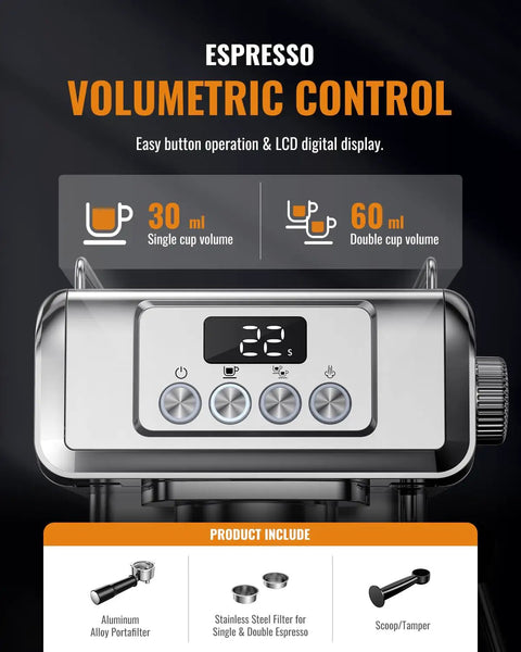 Barista Level Home Espresso Machine With 20 Bar Pressure And Temp Display Built In Steam Wand For Lattes And Cappuccinos Stainless Steel 1350W 60 Oz Water Reservoir, showing front view with LCD display and control buttons.