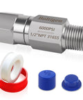 Inline 1/2 NPT stainless steel check valve, Boltigen, 316SS, 6000 PSI, with white Teflon tape and blue caps.