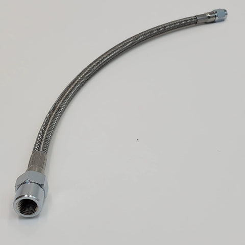 Chrome braided oil line with chrome fittings for Harley Evo rocker box oil pressure gauge kit (side view)