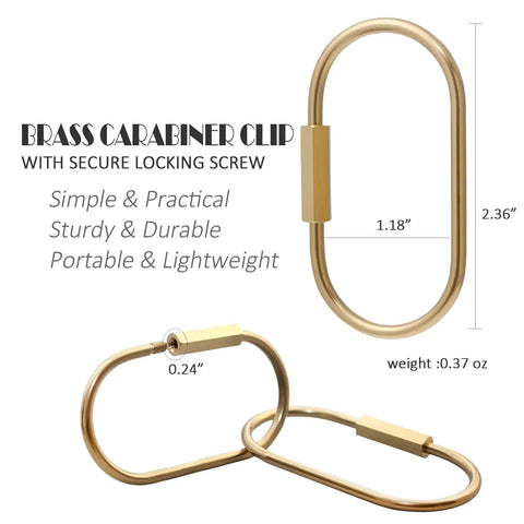 Close-up of solid gold brass locking carabiner clip from Ten Piece Solid Gold Brass Key Rings Set With Locking Carabiner Clips And Screw Lock Oval Keychains Durable Purse Bag Charms Holder For Handbags And Everyday Carry On The Go, showing dimensions and weight.