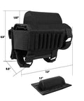 Rifle Cheek Riser With Ambidextrous Shell Holder And Molle Pouch, dimensions and design details visible